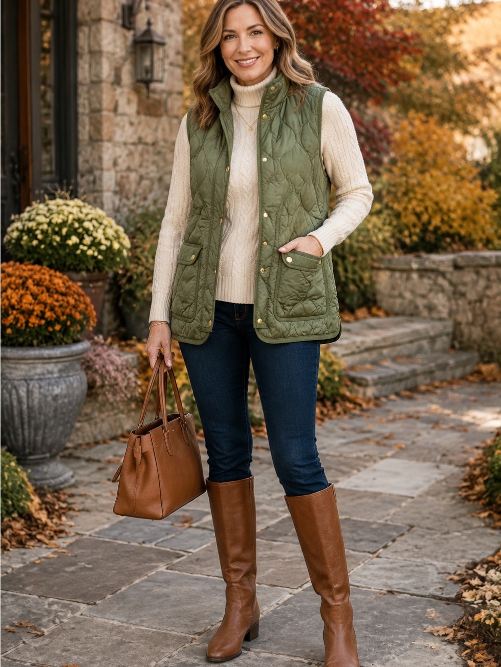 J.Crew Olive Green Quilted Utility Vest Gold Snap High Collar Four Pocket Preppy